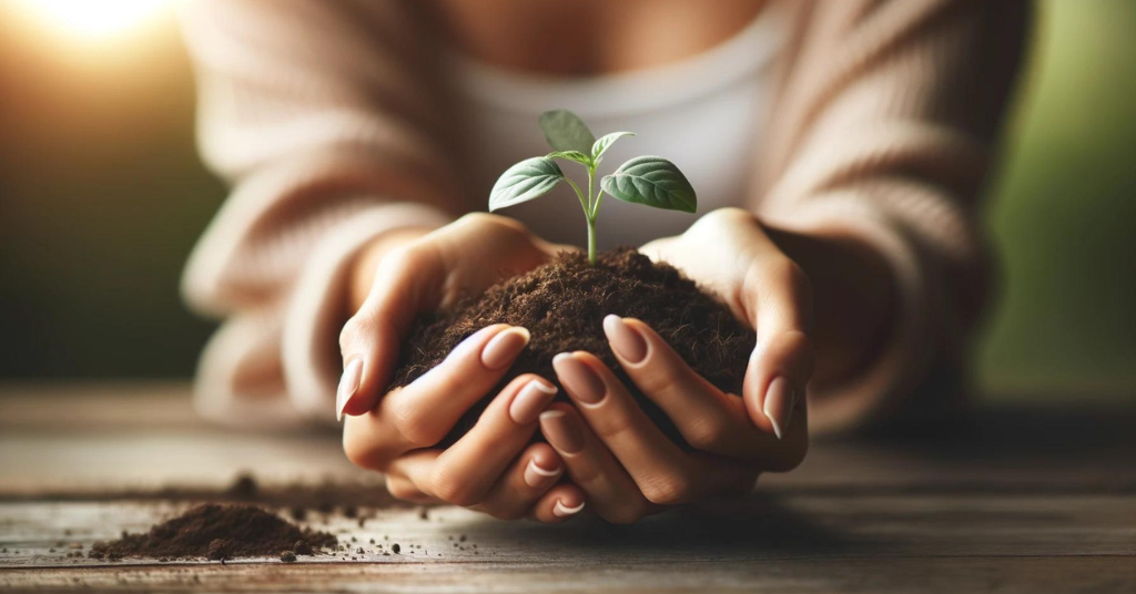 A woman's hands gently cradling a young plant over soil, symbolizing nurturing care and the growth journey in holistic wellness. The image reflects the importance of foundational health and personal growth, embodying the principles of nurturing life and wellness from the ground up.