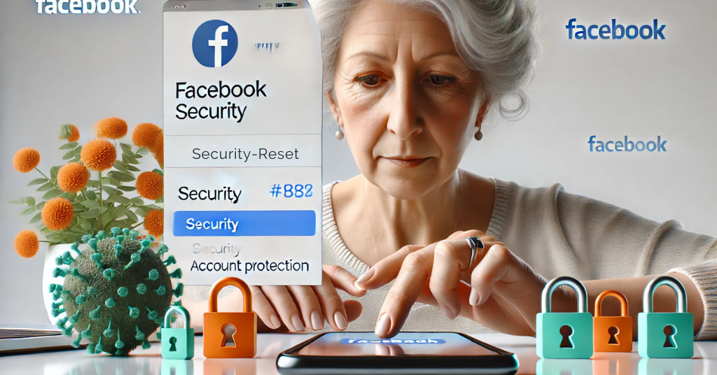 An older woman reviewing Facebook security settings on her smartphone to protect her account from hacks, with visual icons like locks and Facebook security icons in the background. Wide orientation cover photo for a blog about Facebook safety tips.