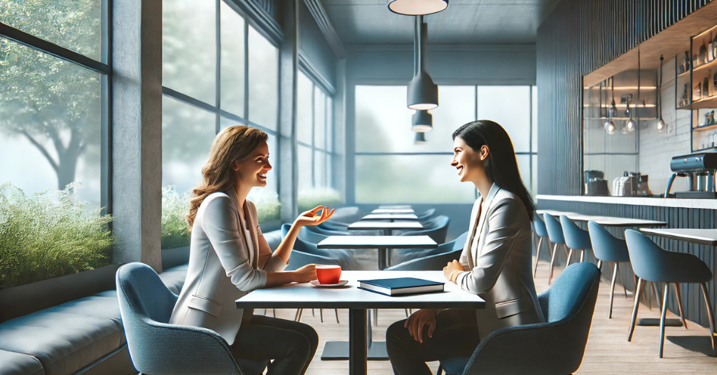 Two women sitting at a modern café table, engaging in a warm and authentic conversation, symbolizing trust and meaningful connections in wellness business growth.