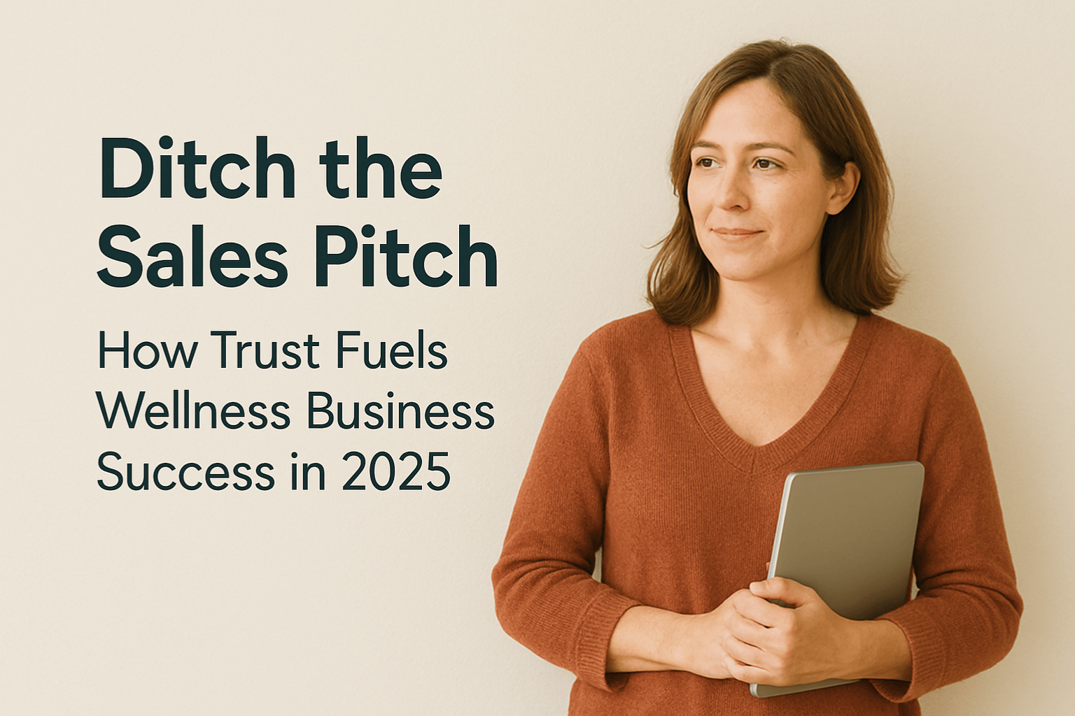 Smiling woman in a rust-colored sweater holding a laptop, standing against a light textured background with blog title text about building trust in a wellness business in 2025.