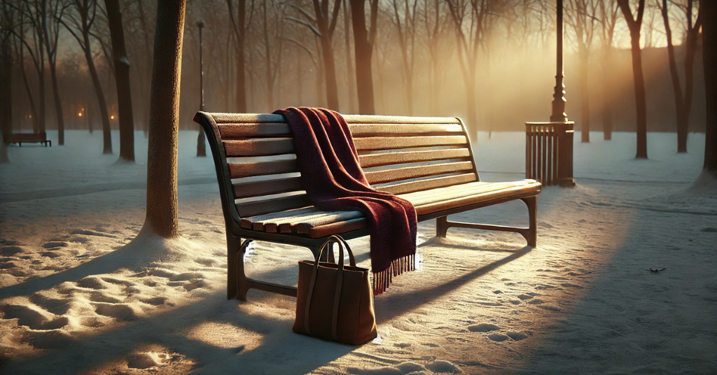 Empty park bench at dusk on a cold winter day, with a maroon scarf and olive green bag, symbolizing homelessness and vulnerability in Ontario, especially for disabled adults.