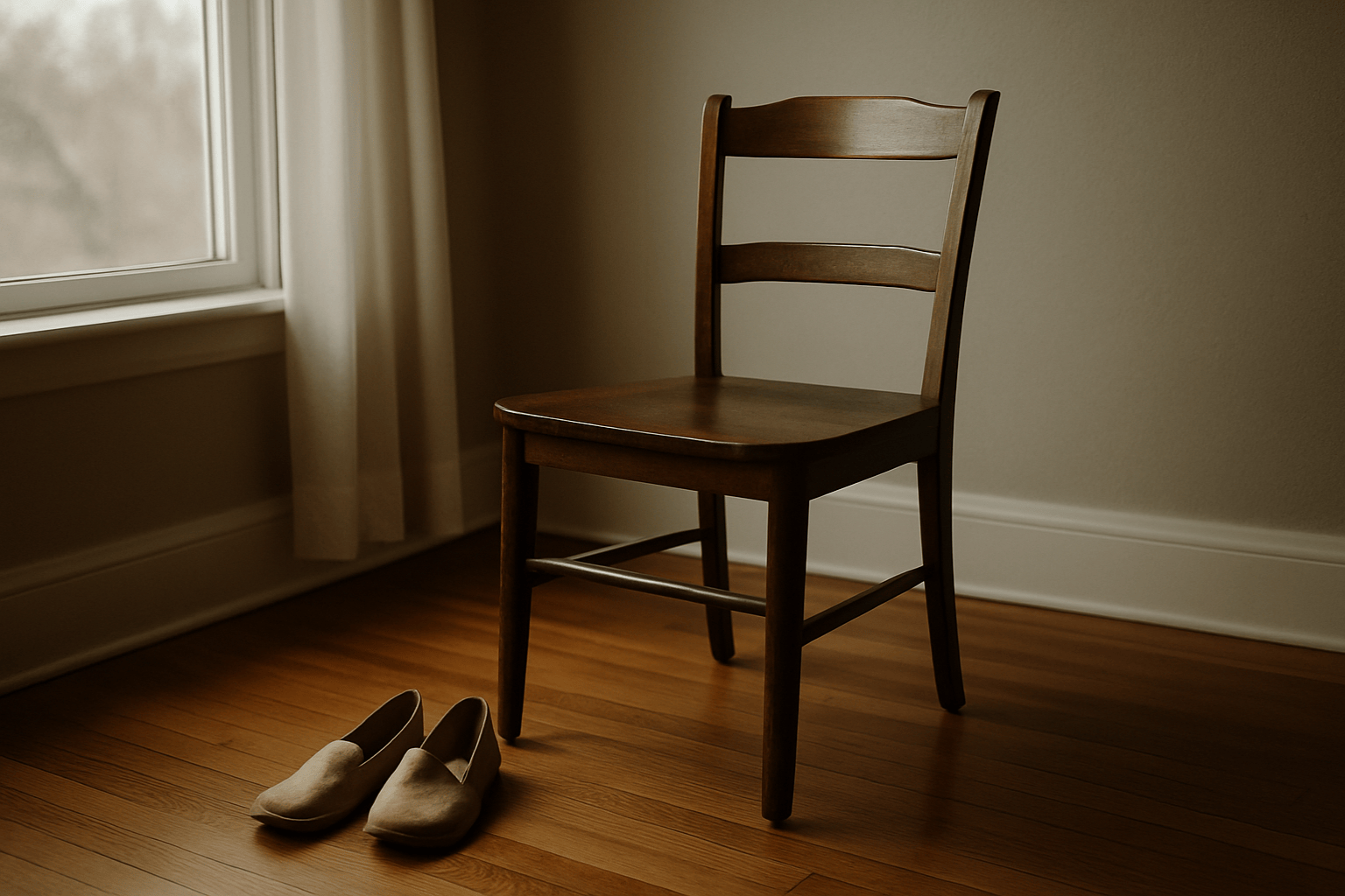A single empty wooden chair with soft slippers in front, sitting by a sunlit window—symbolizing the quiet absence felt by adoptive mothers on Mother’s Day when contact with their children is lost.